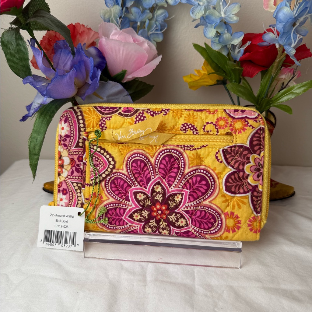 Nwt Vera Bradley Zip Around Wallet Bali Gold Wristlet Id Coin Card Holder